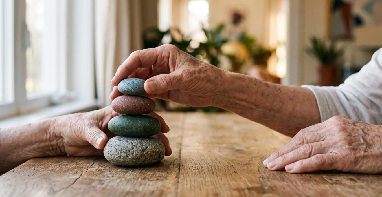 An elderly person's hands carefully balancing four smooth stones on a wooden table, symbolizing the balance needed to manage multiple health conditions