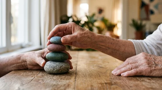 An elderly person's hands carefully balancing four smooth stones on a wooden table, symbolizing the balance needed to manage multiple health conditions