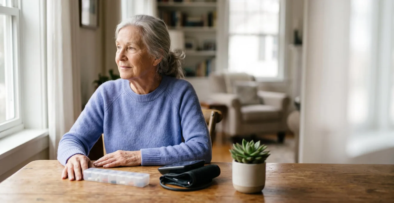 A senior person calmly reviewing their daily health routine at a sunlit table, symbolizing balanced management of multiple chronic conditions