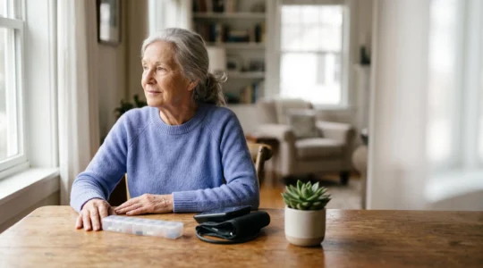 A senior person calmly reviewing their daily health routine at a sunlit table, symbolizing balanced management of multiple chronic conditions