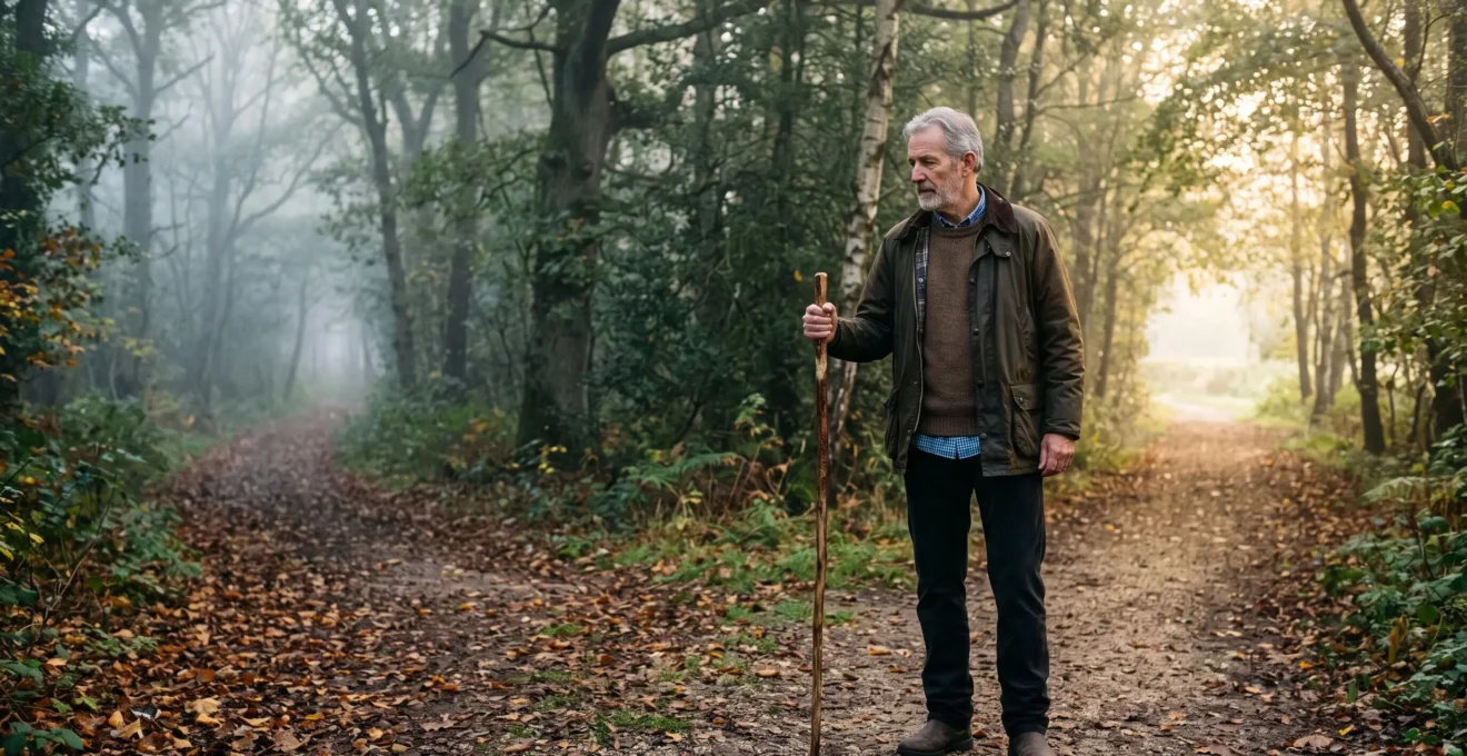 A senior man standing at a symbolic fork in a path, representing the choice between meaningful health screening and box-ticking check-ups.