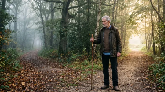 A senior man standing at a symbolic fork in a path, representing the choice between meaningful health screening and box-ticking check-ups.