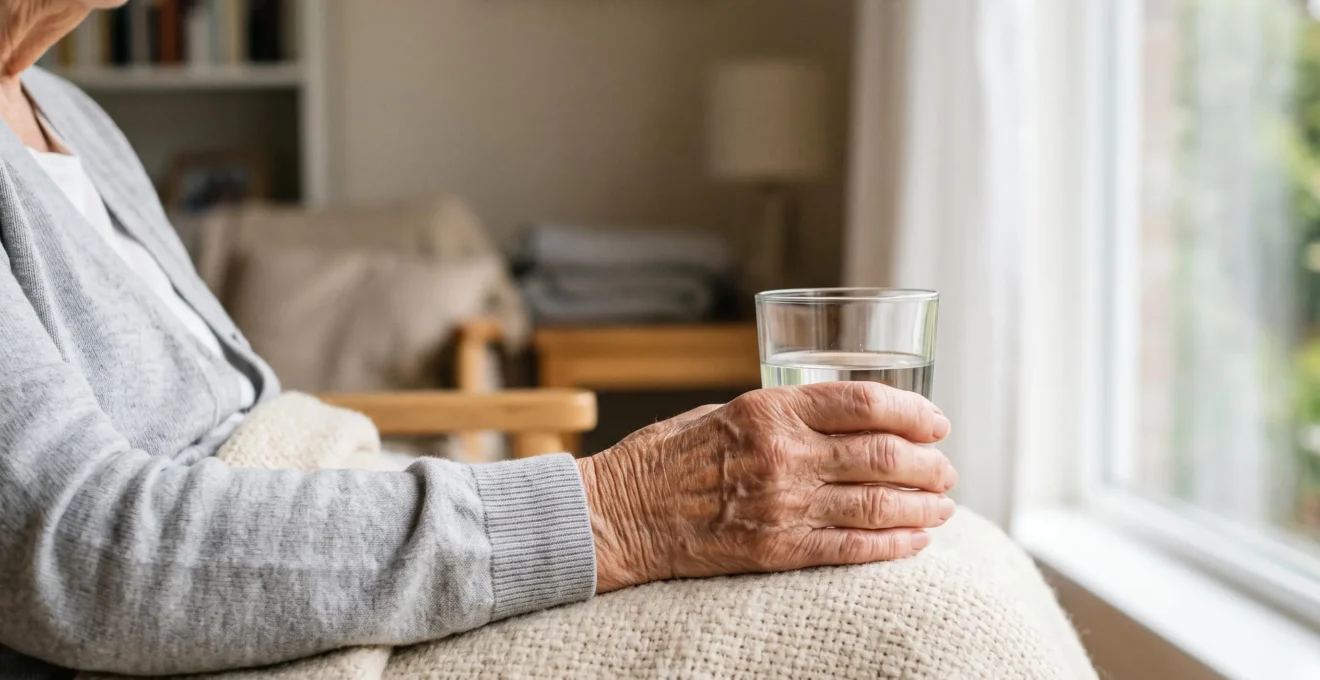 Close-up of an elderly person's hand gently holding a glass of water beside a sunlit window, symbolizing the fragile balance of hydration and health in later life
