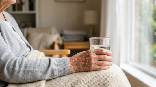 Close-up of an elderly person's hand gently holding a glass of water beside a sunlit window, symbolizing the fragile balance of hydration and health in later life