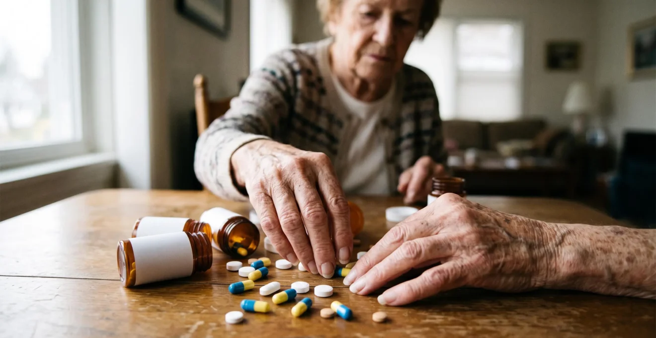 Close-up of an elderly person's hands sorting an array of different pills and medication bottles on a table, representing the risks of complex drug combinations