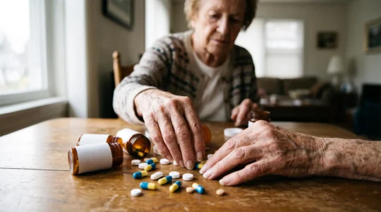 Close-up of an elderly person's hands sorting an array of different pills and medication bottles on a table, representing the risks of complex drug combinations