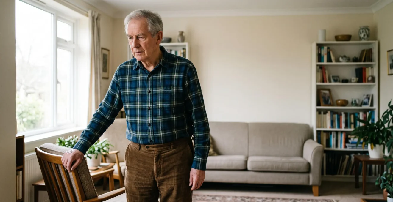 An elderly man standing still and steadying himself near a window, illustrating the hidden physical effort required to stay upright without moving
