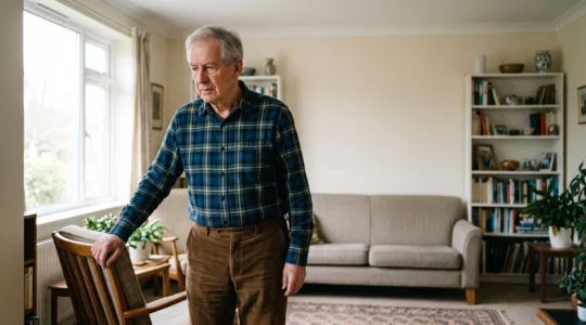 An elderly man standing still and steadying himself near a window, illustrating the hidden physical effort required to stay upright without moving