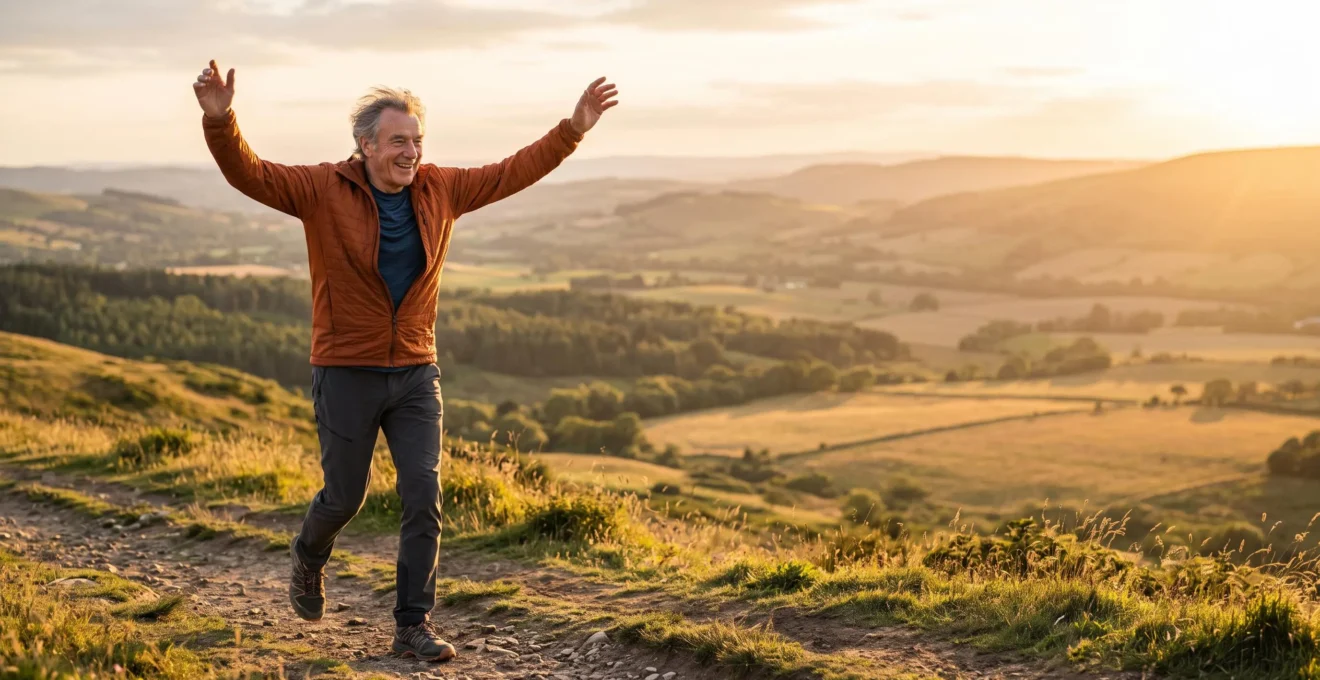 An energetic senior in their seventies radiating vitality outdoors at golden hour, symbolizing surprising energy in later life