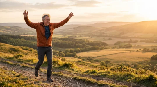 An energetic senior in their seventies radiating vitality outdoors at golden hour, symbolizing surprising energy in later life
