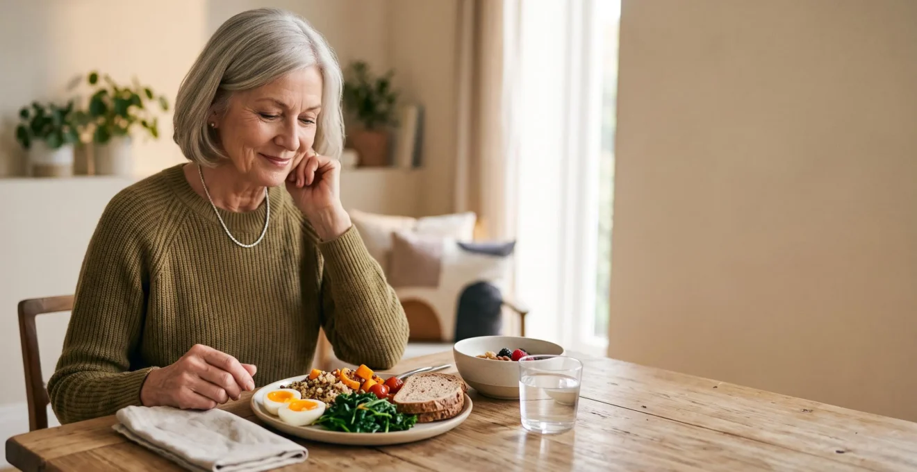 Editorial wide shot of an older adult mindfully enjoying a nutrient-rich meal at a sunlit table, symbolizing why every bite matters more after 70