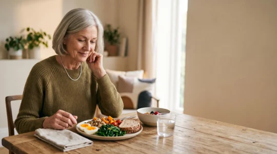 Editorial wide shot of an older adult mindfully enjoying a nutrient-rich meal at a sunlit table, symbolizing why every bite matters more after 70