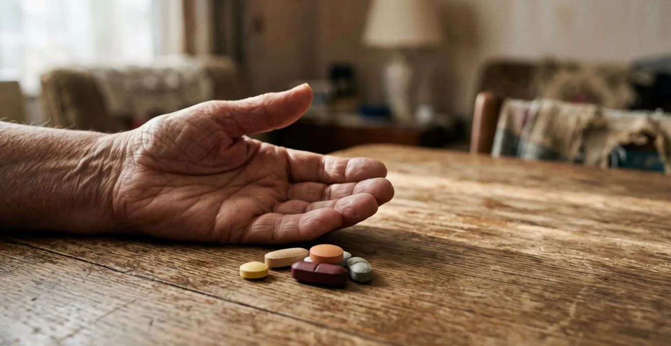 Symbolic still life of five different pills arranged near an elderly hand, evoking how medications combine in the body