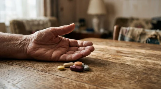 Symbolic still life of five different pills arranged near an elderly hand, evoking how medications combine in the body