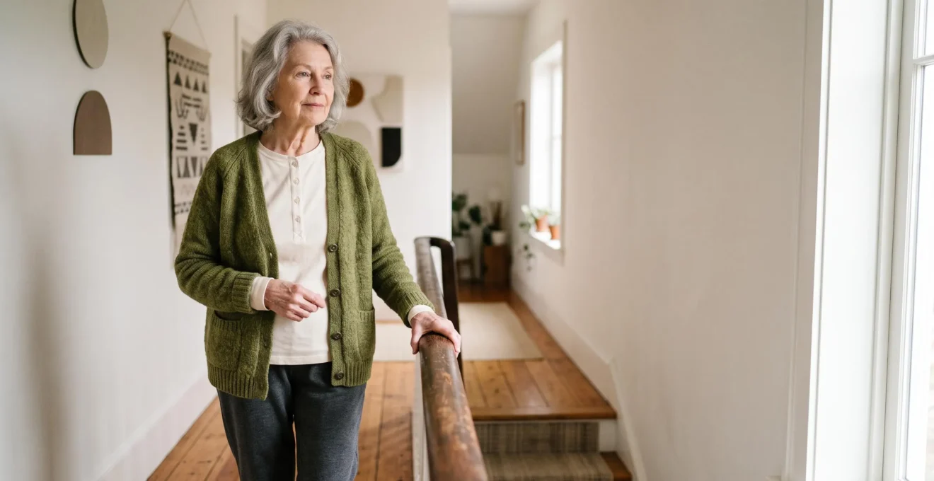 An elderly person pausing thoughtfully at the top of a staircase at home, symbolizing the fragile balance between independence and risk after 70