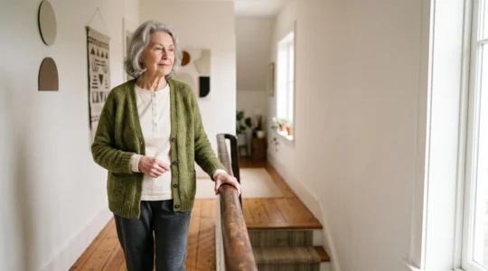 An elderly person pausing thoughtfully at the top of a staircase at home, symbolizing the fragile balance between independence and risk after 70