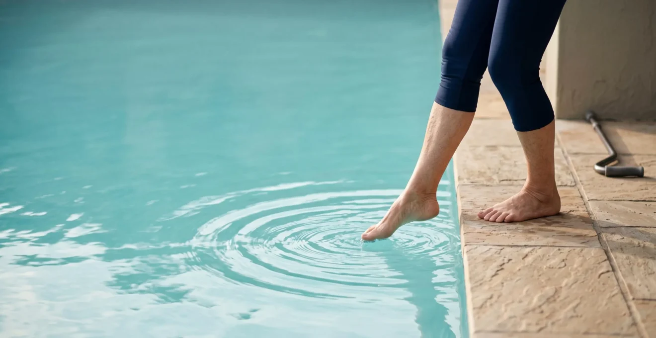 A senior person moving from land-based support into calm pool water, symbolizing pain-free movement