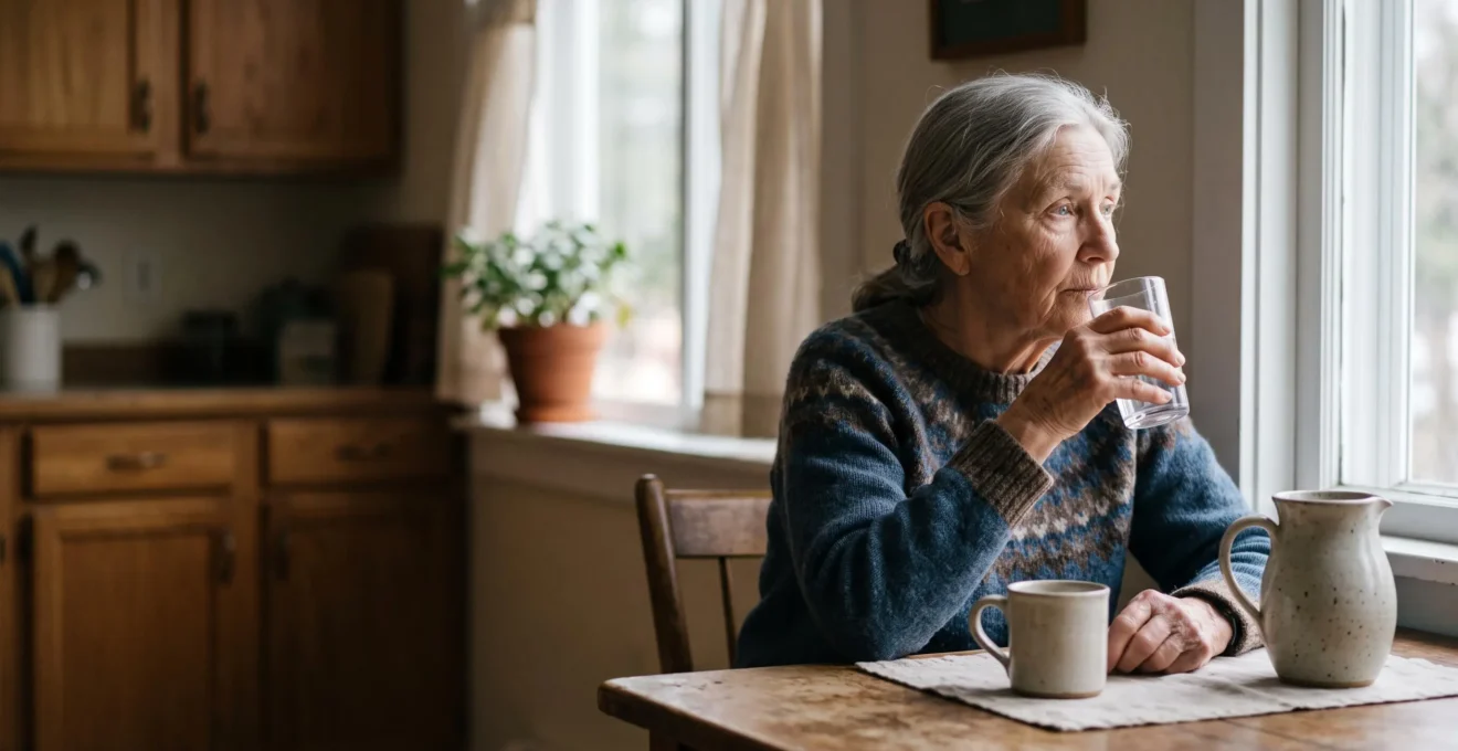 An elderly person calmly drinking a glass of water by a sunlit window, symbolizing the invisible gap between hydration needs and thirst sensation in aging.