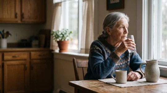 An elderly person calmly drinking a glass of water by a sunlit window, symbolizing the invisible gap between hydration needs and thirst sensation in aging.