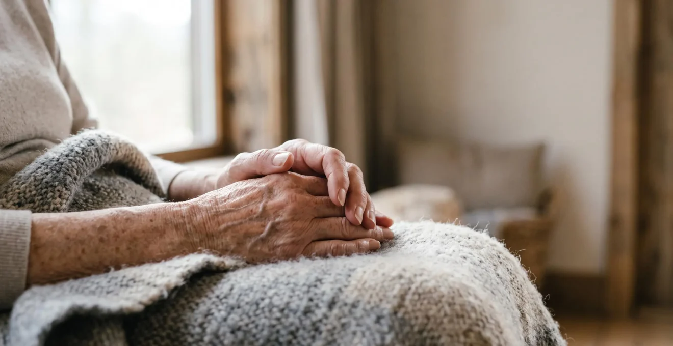 Close-up of an older adult's hands clasped together in soft natural light, symbolizing circulation and warmth after 60