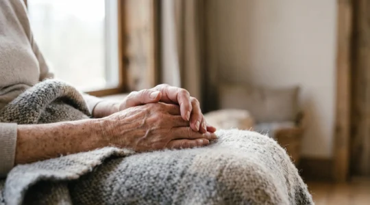 Close-up of an older adult's hands clasped together in soft natural light, symbolizing circulation and warmth after 60