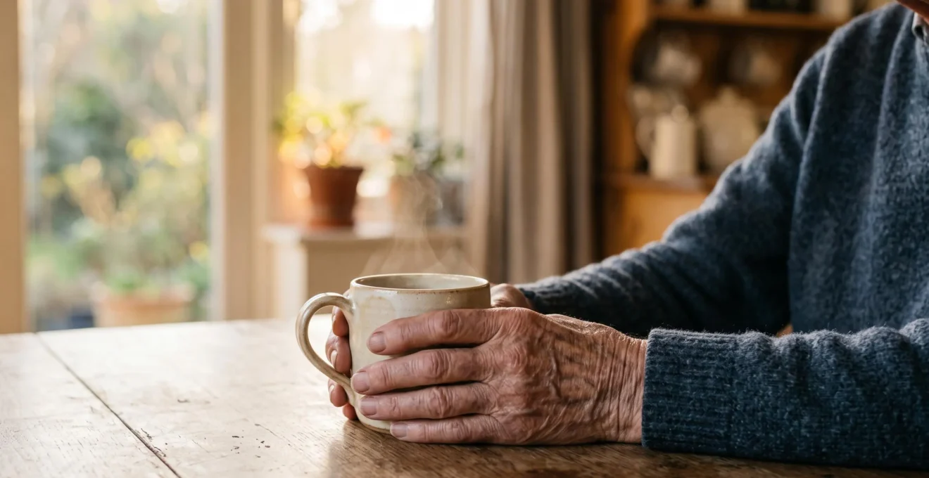 Close-up of an older adult's hands calmly holding a warm cup at sunrise, symbolizing the quiet internal struggle to control blood pressure with age.