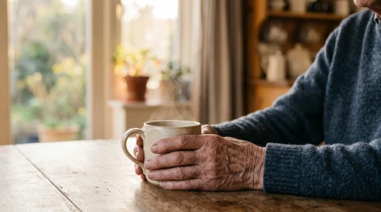 Close-up of an older adult's hands calmly holding a warm cup at sunrise, symbolizing the quiet internal struggle to control blood pressure with age.