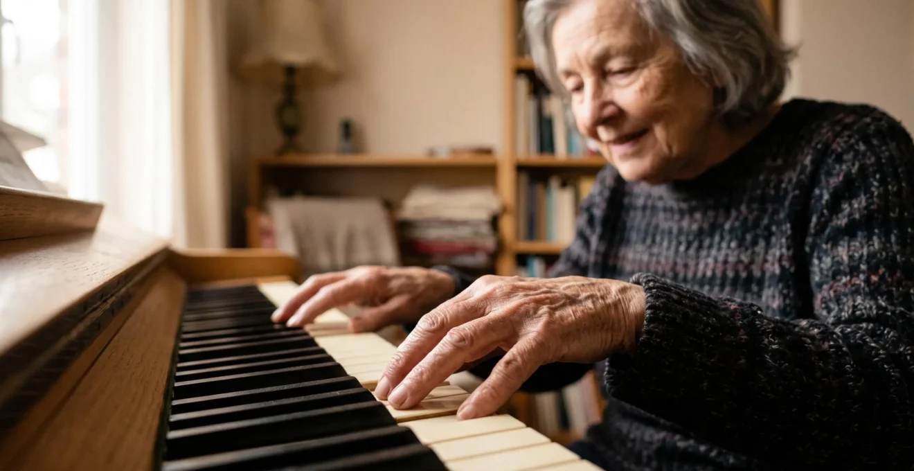 Close-up of an older adult's hands playing piano keys in warm natural light, symbolizing new neural connections formed through learning