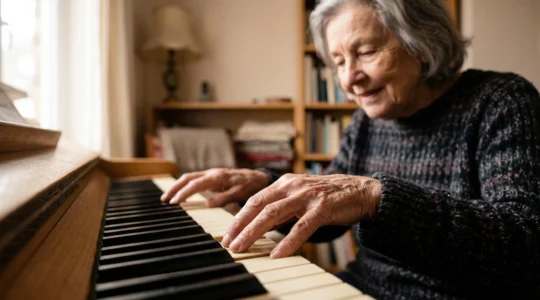 Close-up of an older adult's hands playing piano keys in warm natural light, symbolizing new neural connections formed through learning