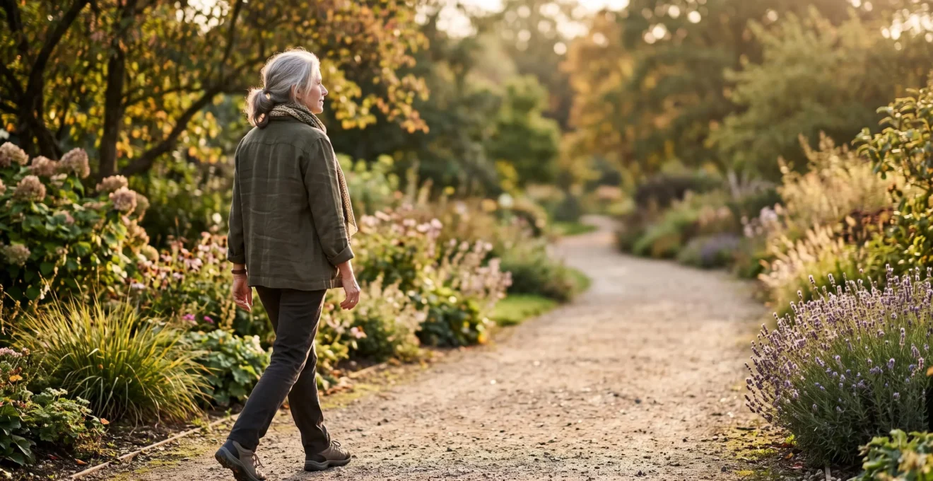 An older adult walking confidently along a sunlit garden path, symbolizing extended independence through preventive gerontology.
