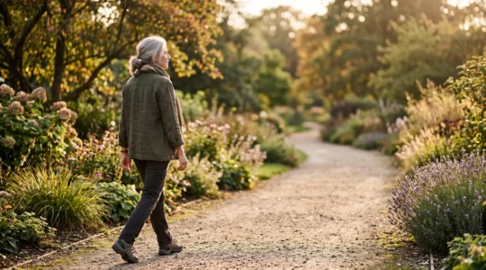 An older adult walking confidently along a sunlit garden path, symbolizing extended independence through preventive gerontology.