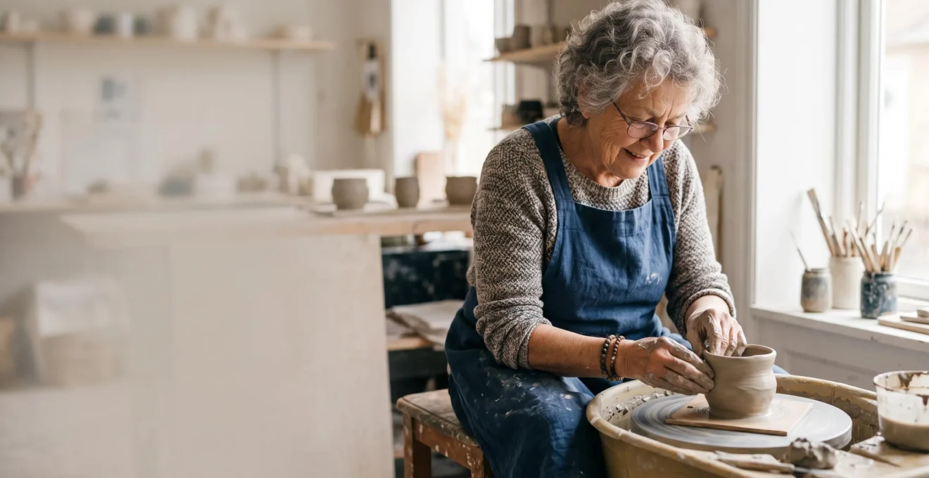 An older adult deeply focused on learning a new creative skill, symbolizing active brain engagement in later life
