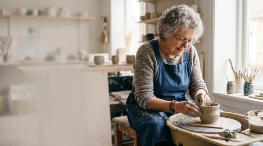 An older adult deeply focused on learning a new creative skill, symbolizing active brain engagement in later life