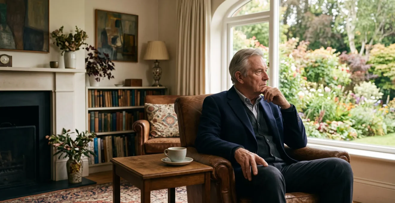 An older man sitting quietly in a sunlit, comfortable living room, looking pensive despite his objectively pleasant surroundings