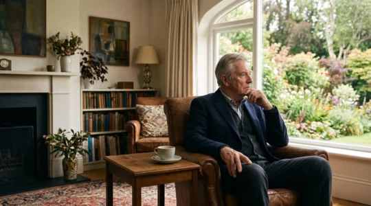 An older man sitting quietly in a sunlit, comfortable living room, looking pensive despite his objectively pleasant surroundings