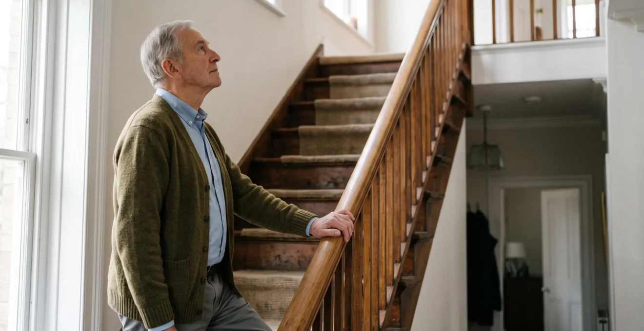 Senior man standing thoughtfully at the base of a home staircase, resting his hand on the banister while looking up toward the top steps
