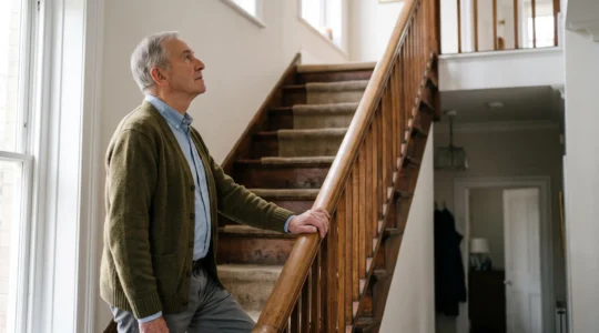 Senior man standing thoughtfully at the base of a home staircase, resting his hand on the banister while looking up toward the top steps