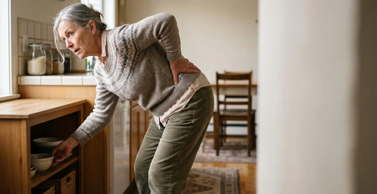 Editorial photo of an older adult pausing mid-task with a hand instinctively supporting their lower back while their arms and legs appear strong and capable