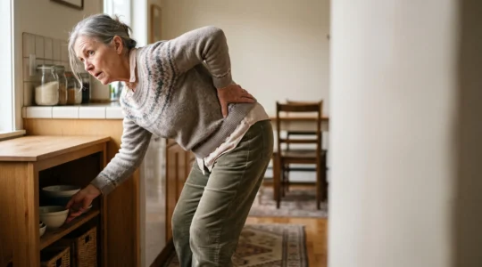 Editorial photo of an older adult pausing mid-task with a hand instinctively supporting their lower back while their arms and legs appear strong and capable