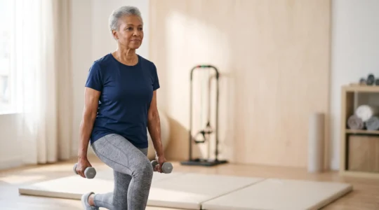 Older adult performing a strength exercise with focused determination, symbolizing muscle health after 60