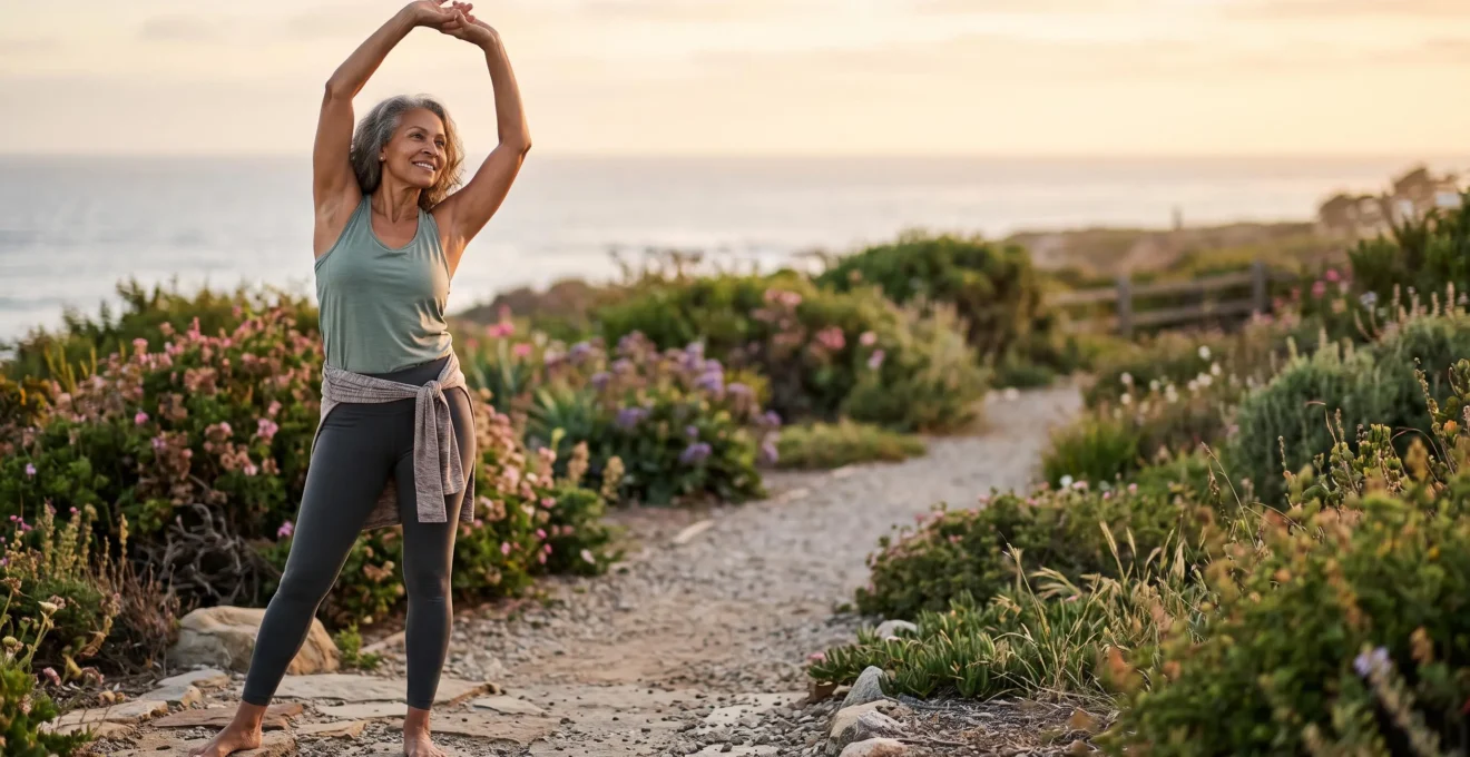 An active older adult in golden morning light representing a strong wellness foundation before turning 65