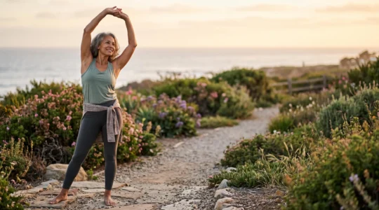 An active older adult in golden morning light representing a strong wellness foundation before turning 65