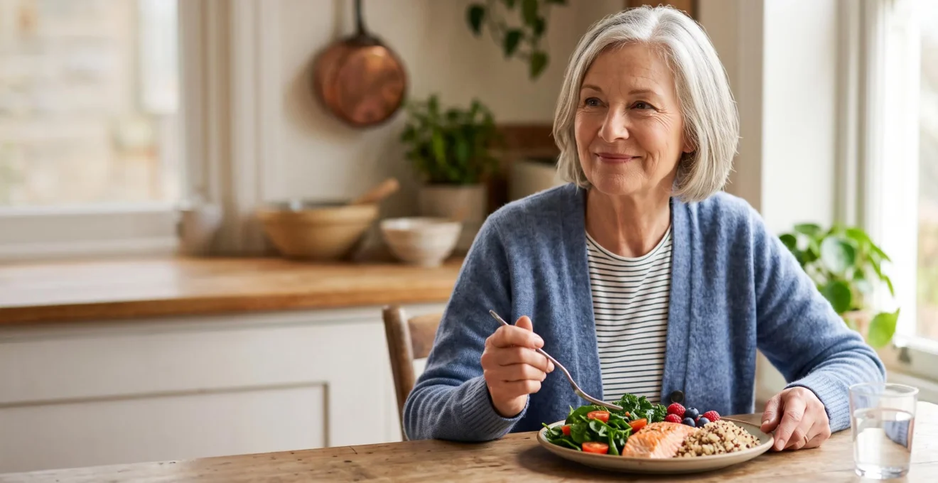 Senior woman enjoying a modest but colorful, nutrient-dense meal at a sunlit table, symbolizing how calorie needs change with age