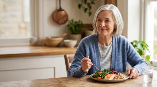 Senior woman enjoying a modest but colorful, nutrient-dense meal at a sunlit table, symbolizing how calorie needs change with age