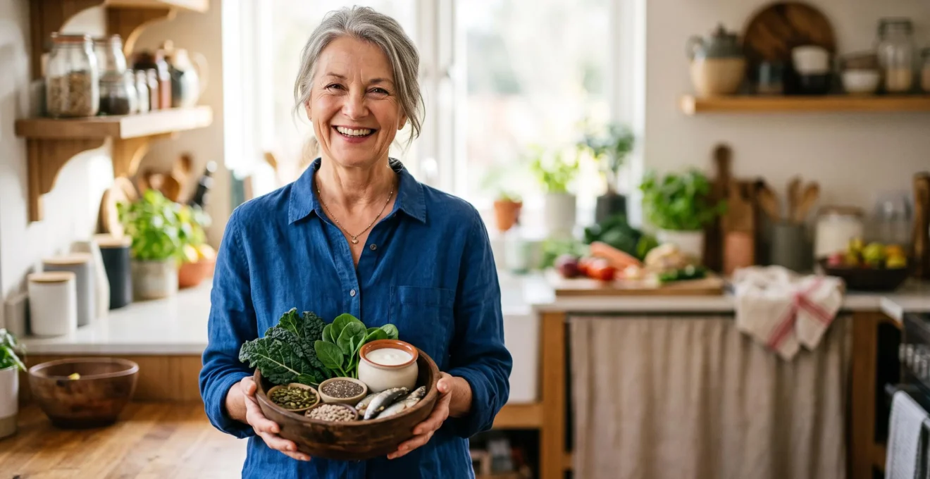 Editorial photograph of a senior woman preparing a nutrient-dense meal linked to bone health