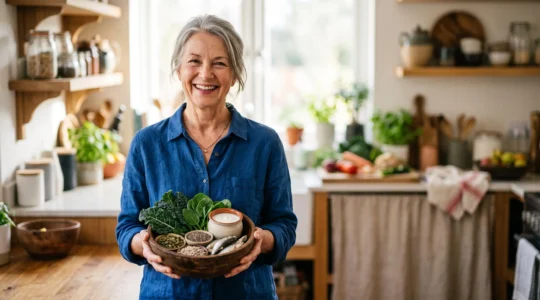 Editorial photograph of a senior woman preparing a nutrient-dense meal linked to bone health