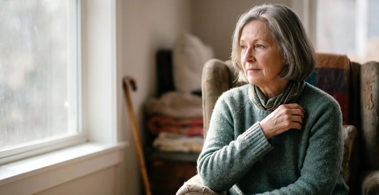 Senior woman sitting thoughtfully by a window after a medical appointment, symbolizing reflection on bone density and fracture risk