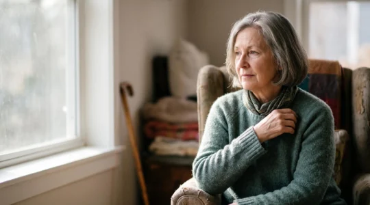 Senior woman sitting thoughtfully by a window after a medical appointment, symbolizing reflection on bone density and fracture risk