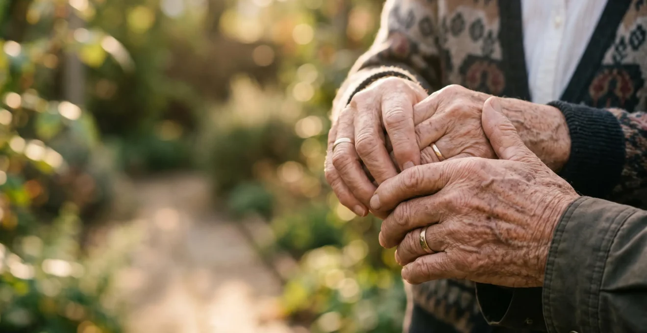 Two elderly hands warmly clasped together in soft golden light, symbolizing the life-extending power of social connection