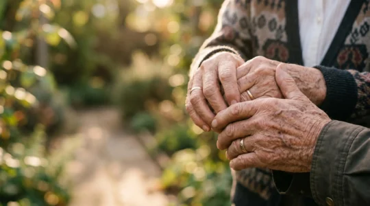 Two elderly hands warmly clasped together in soft golden light, symbolizing the life-extending power of social connection